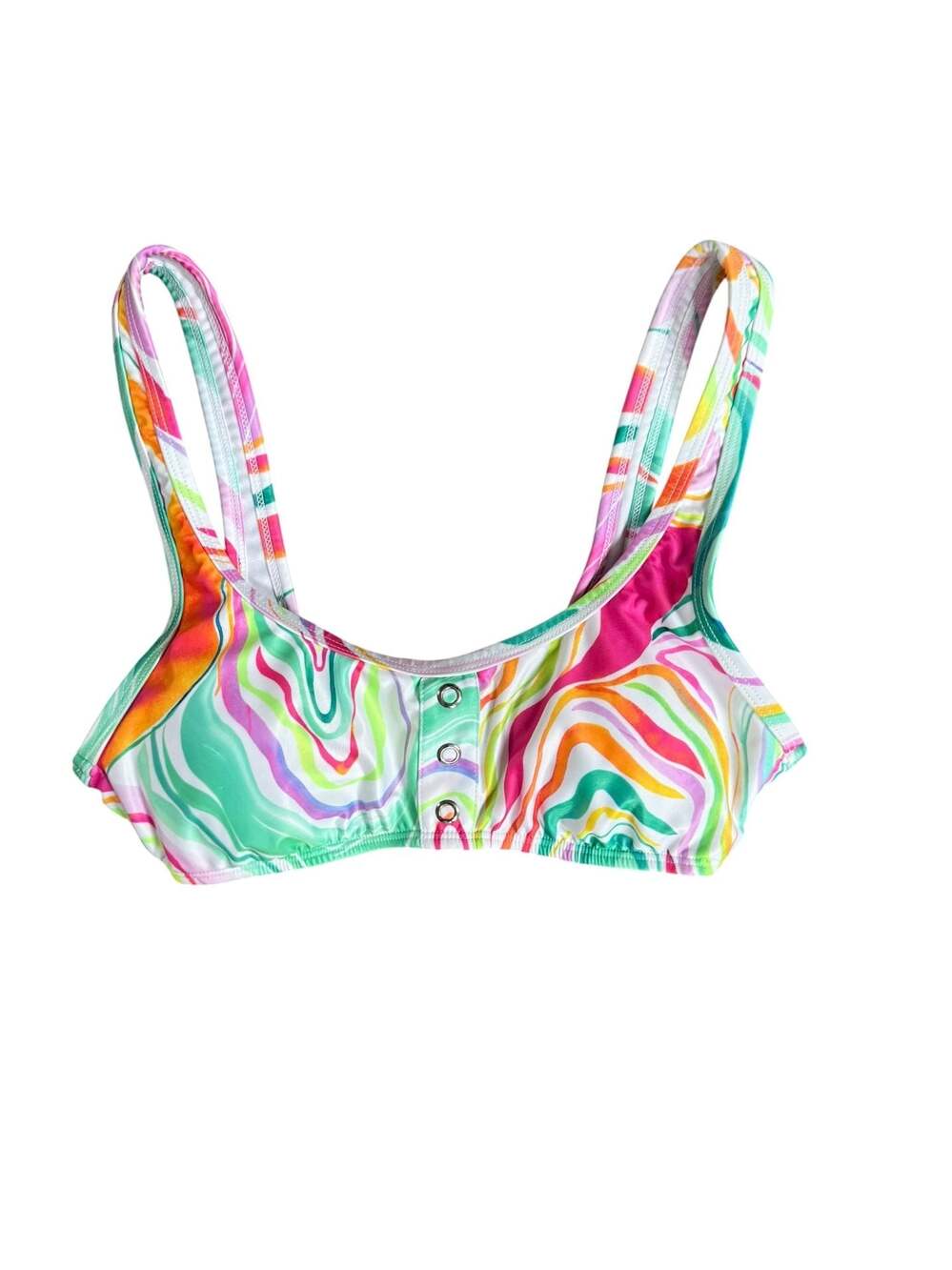 Sugar Beach Multicolor Swirl Print Scoop Neck Bikini Swim Top with Button Detail